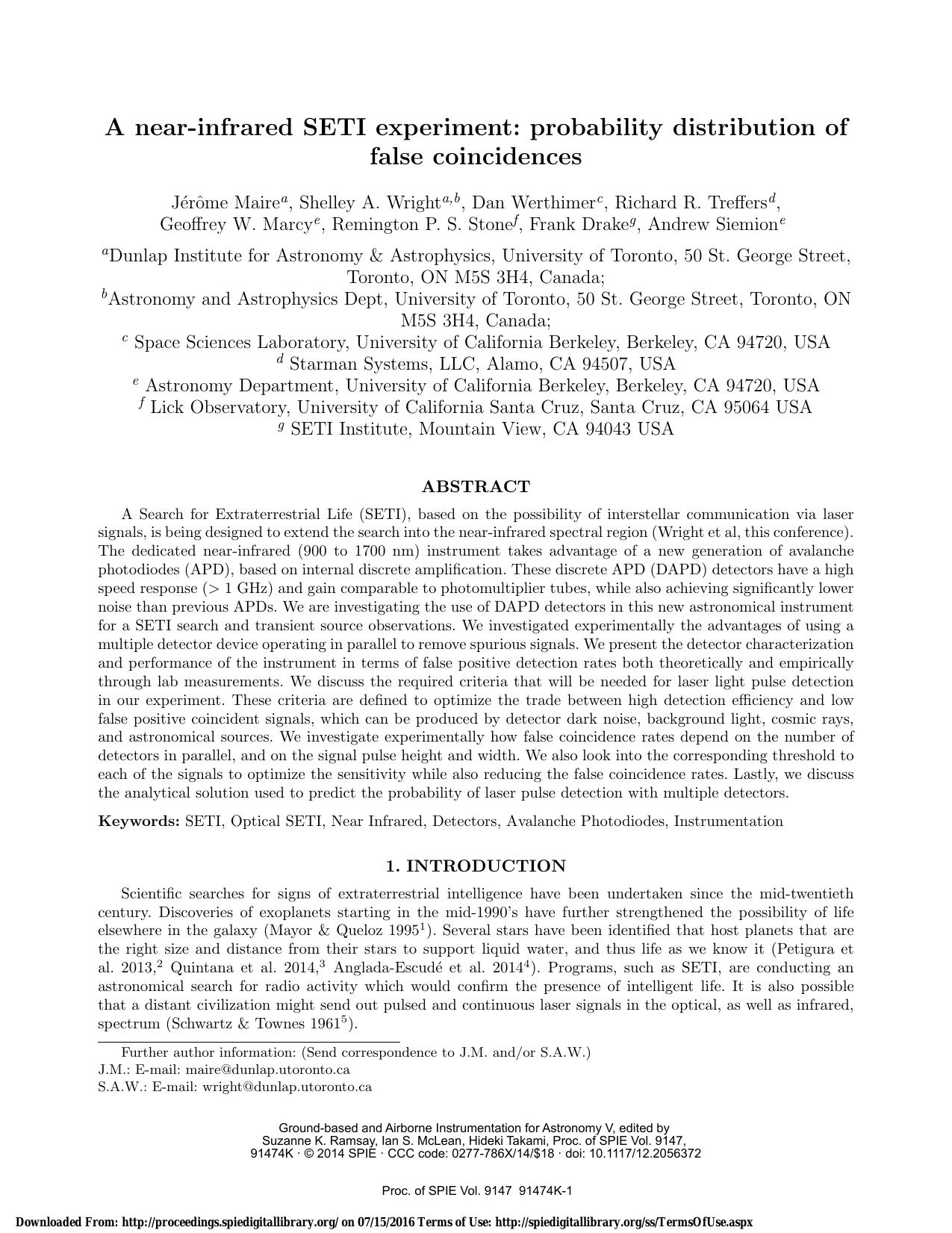 A near-infrared SETI experiment: probability distribution of false coincidences