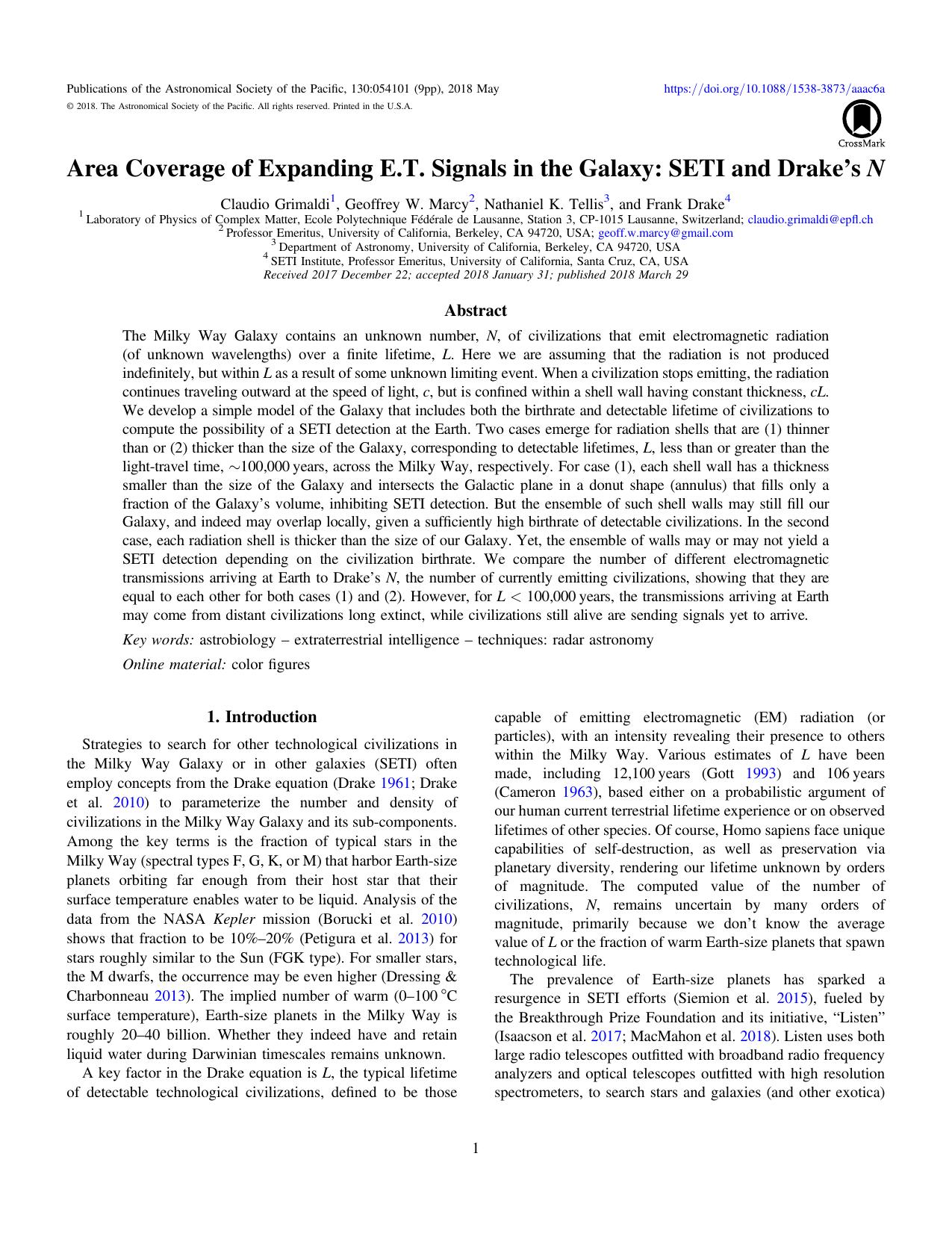 Area Coverage of Expanding E.T. Signals in the Galaxy: SETI and Drake’s N