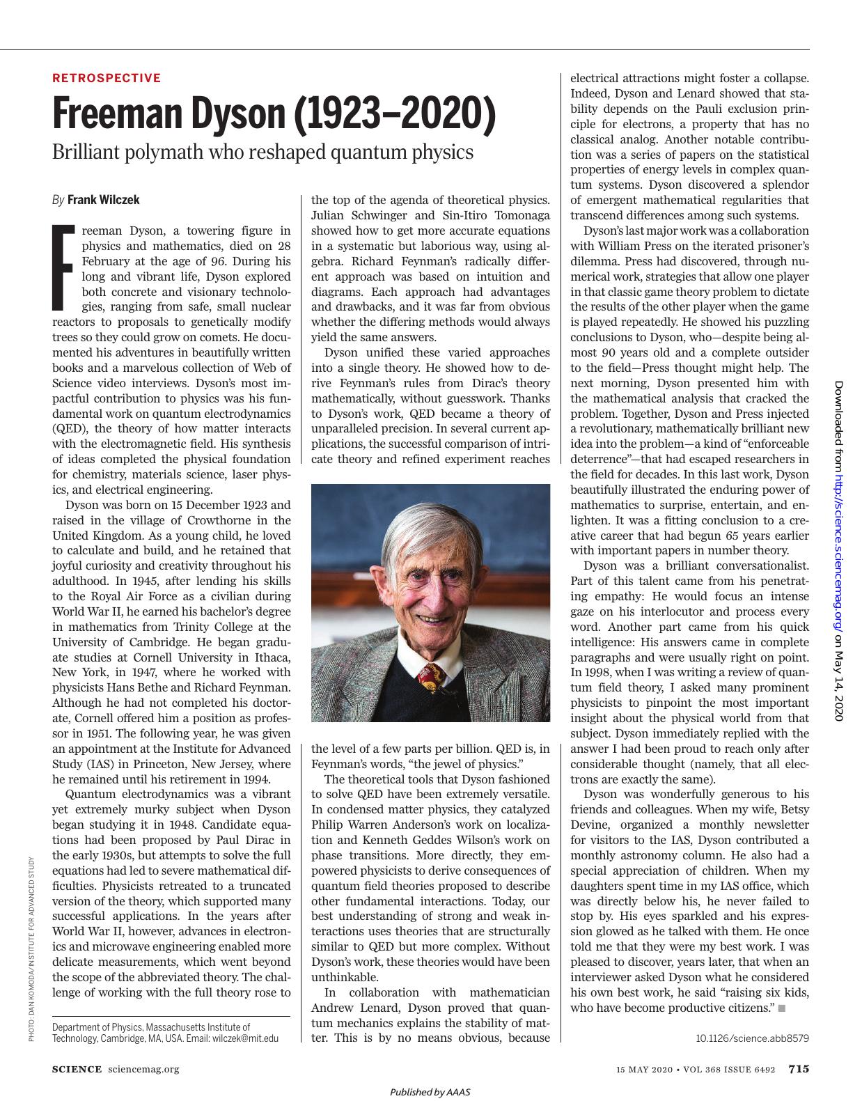 Freeman Dyson (1923–2020)