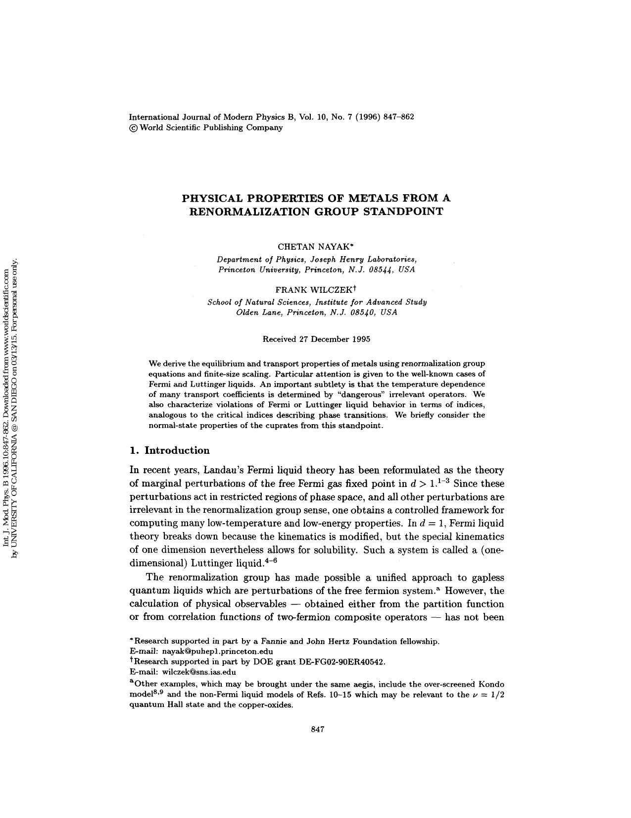 PHYSICAL PROPERTIES OF METALS FROM A RENORMALIZATION GROUP STANDPOINT