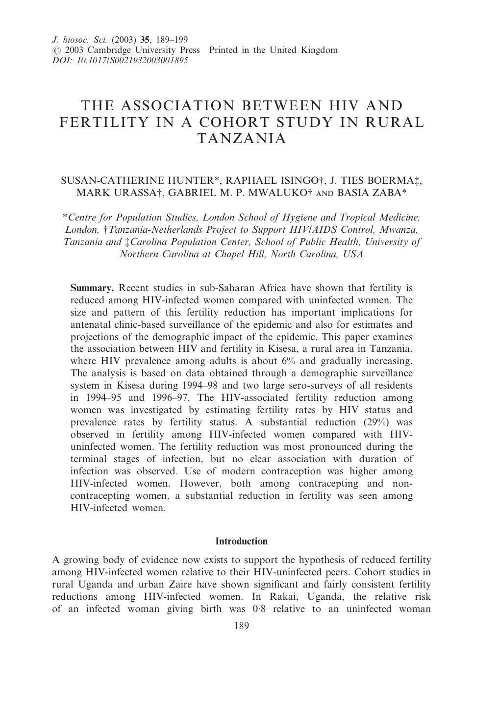 THE ASSOCIATION BETWEEN HIV AND FERTILITY IN A COHORT STUDY IN RURAL TANZANIA