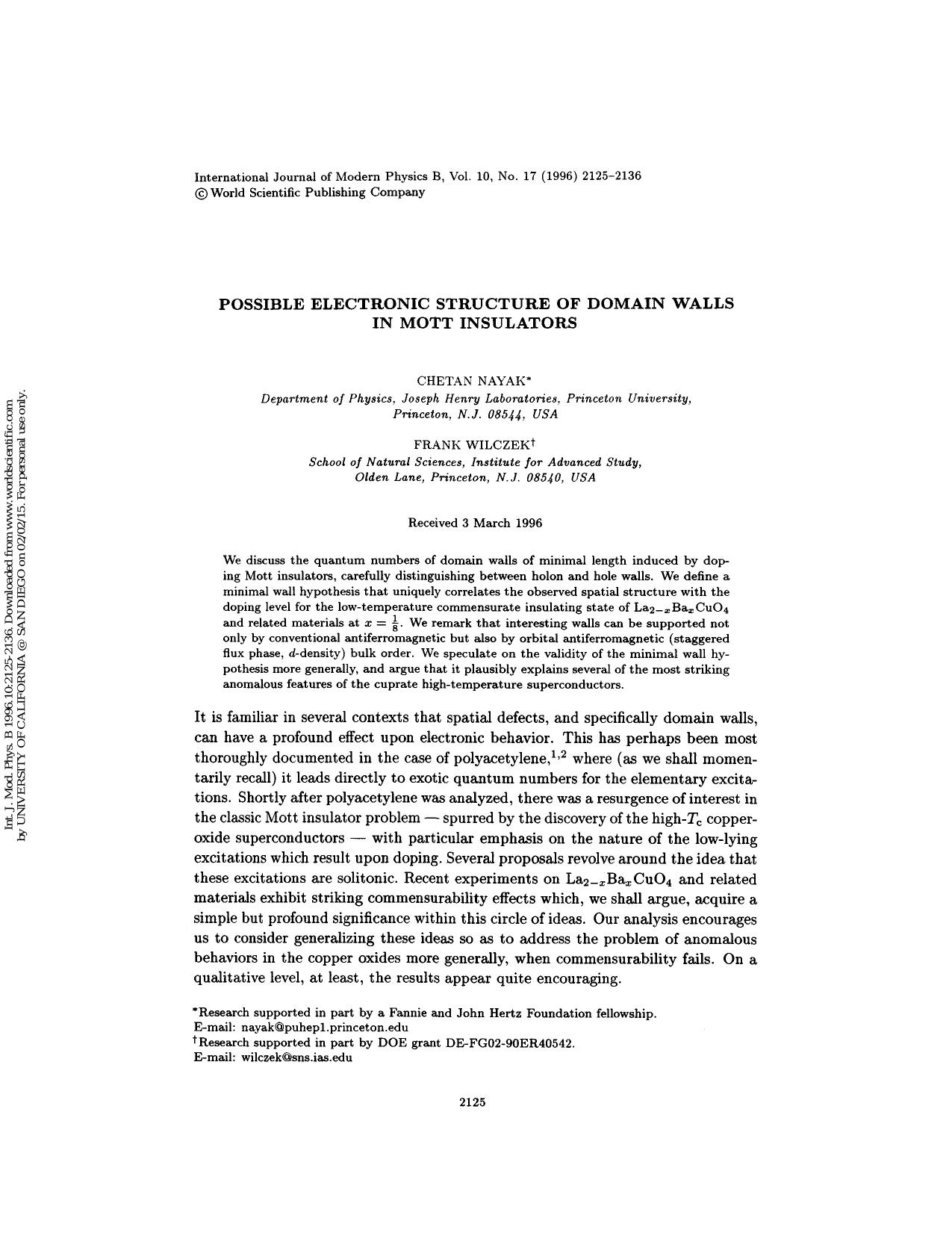 POSSIBLE ELECTRONIC STRUCTURE OF DOMAIN WALLS IN MOTT INSULATORS