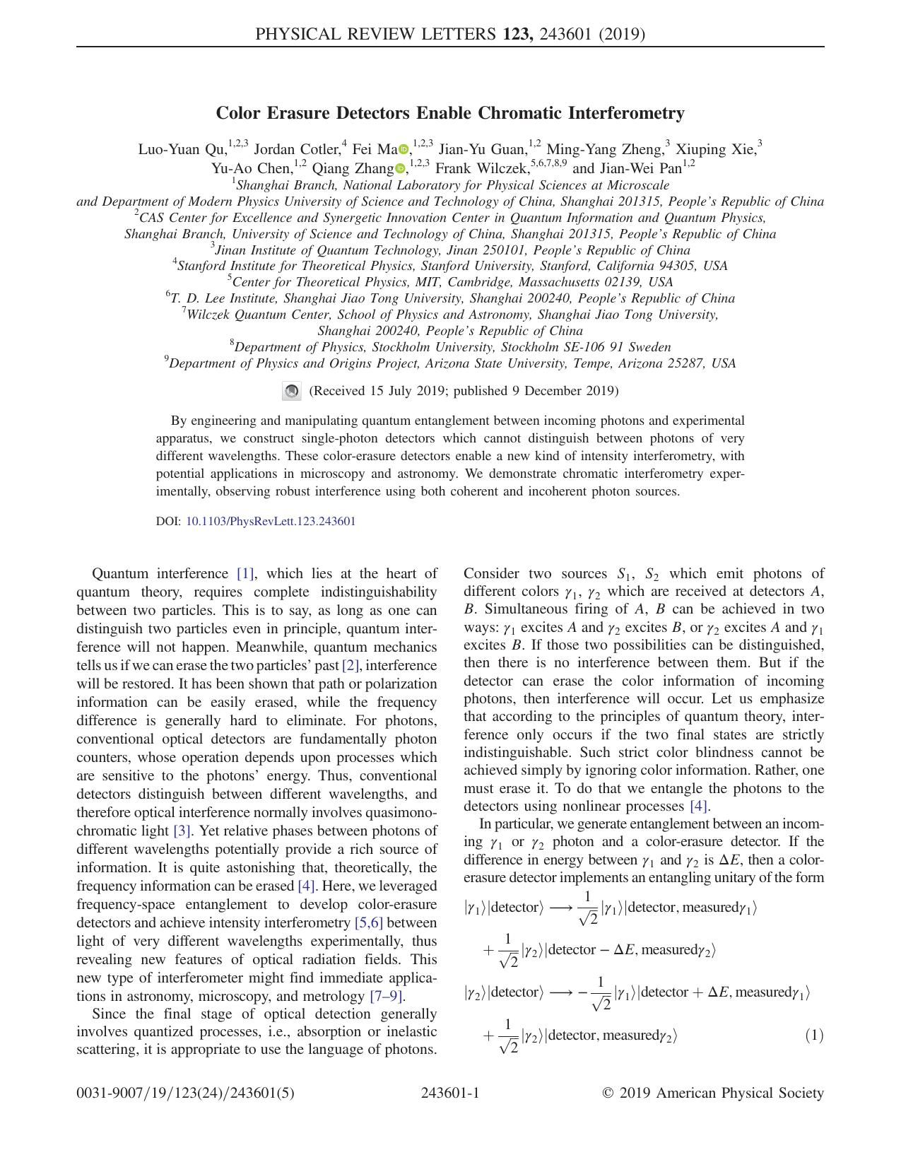 Color Erasure Detectors Enable Chromatic Interferometry