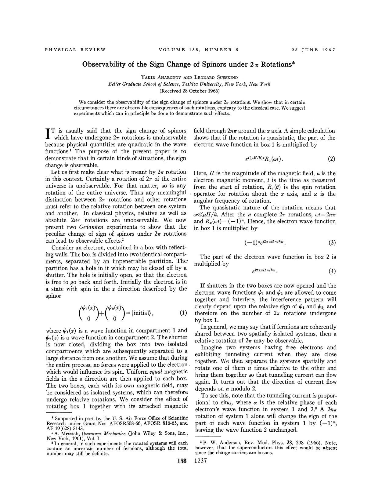 Observability of the Sign Change of Spinors under 2p Rotations