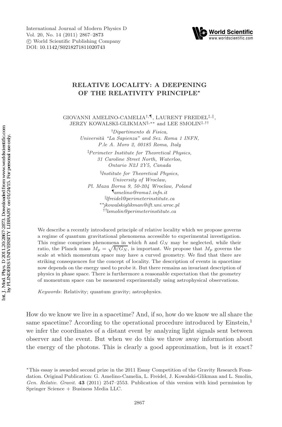 RELATIVE LOCALITY: A DEEPENING OF THE RELATIVITY PRINCIPLE