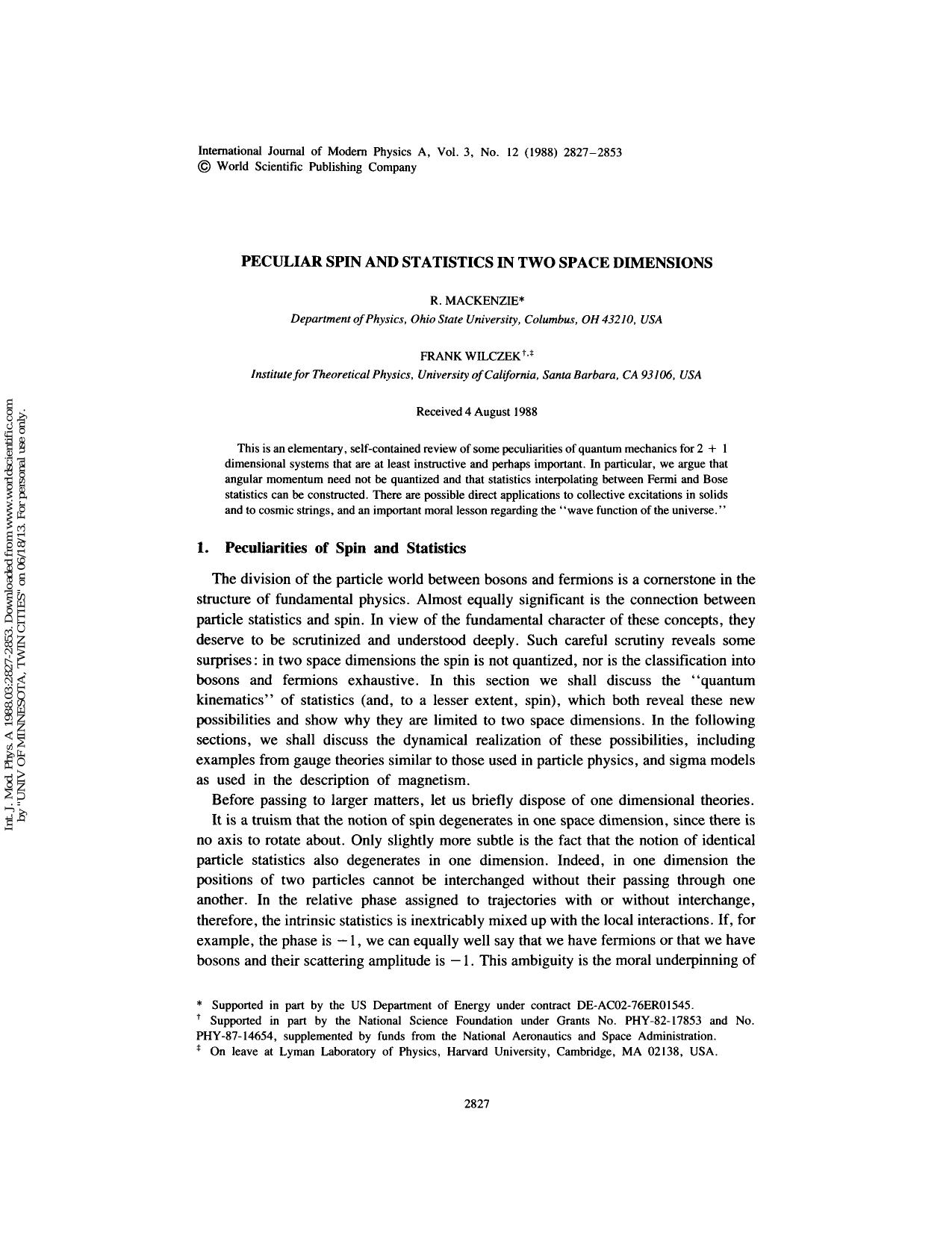 PECULIAR SPIN AND STATISTICS IN TWO SPACE DIMENSIONS