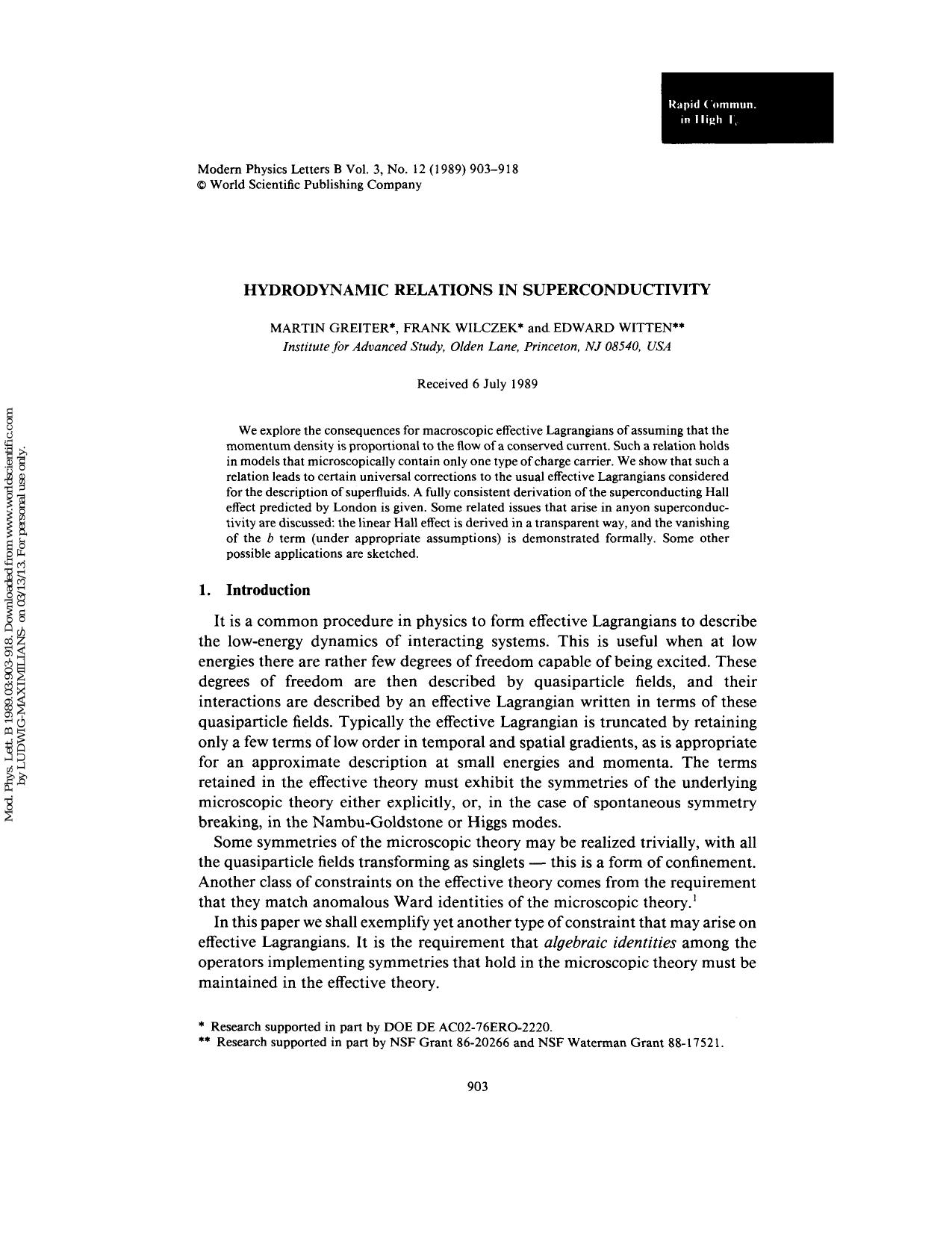 HYDRODYNAMIC RELATIONS IN SUPERCONDUCTIVITY