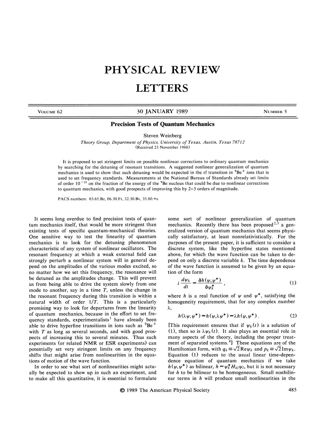 Precision Tests of Quantum Mechanics