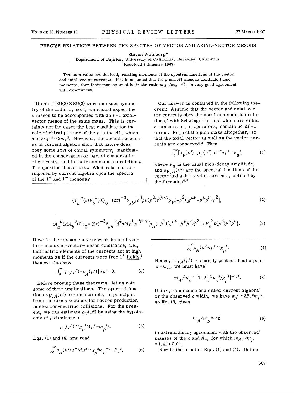 Precise Relations between the Spectra of Vector and Axial-Vector Mesons