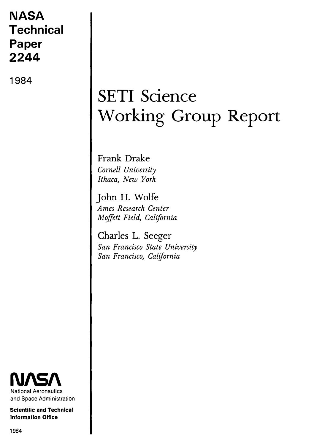 SETI Science Working Group Report, NASA TP 2244 (1984)