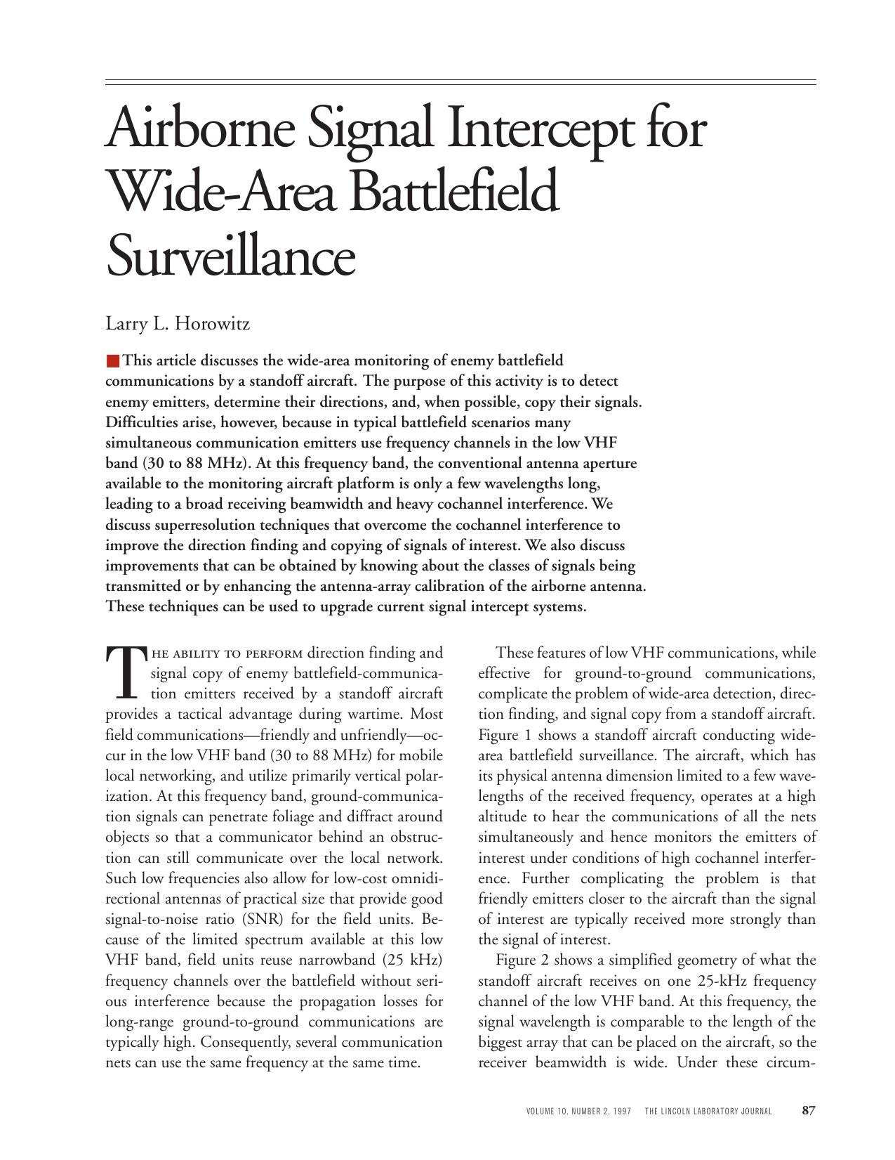 Airborne Signal Intercept for Wide-Area Battlefield Surveillance