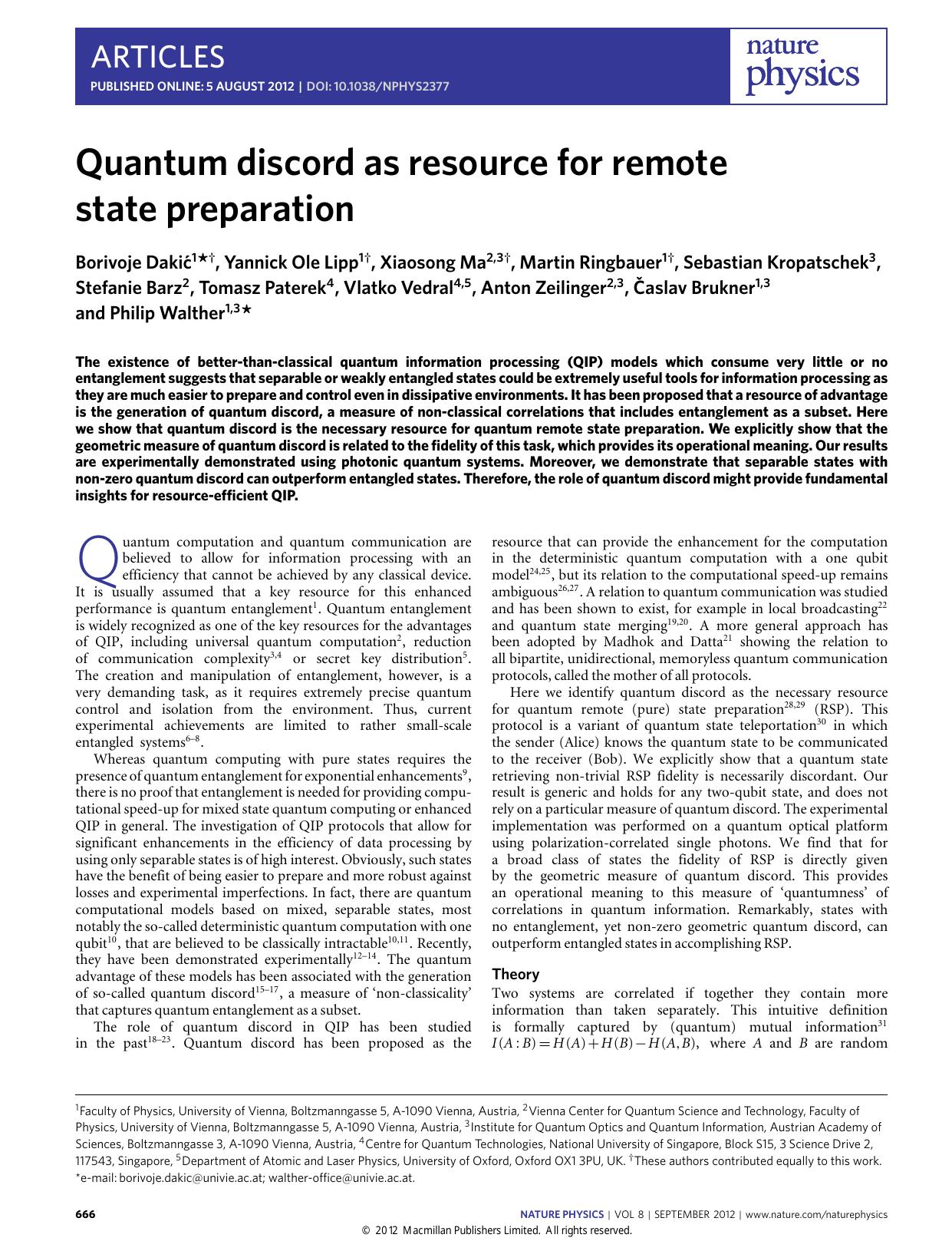 Quantum discord as resource for remote state preparation