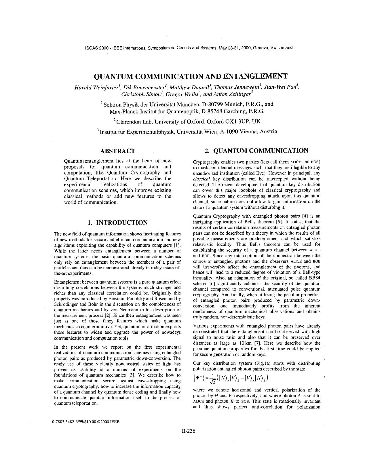 Quantum communication and entanglement - Circuits and Systems, 2000. Proceedings. ISCAS 2000 Geneva. The 2000 IEEE International Symposium