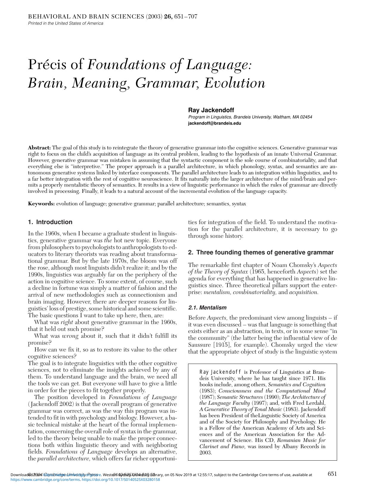 Pr&eacute;cis of Foundations of Language: Brain, Meaning, Grammar, Evolution,