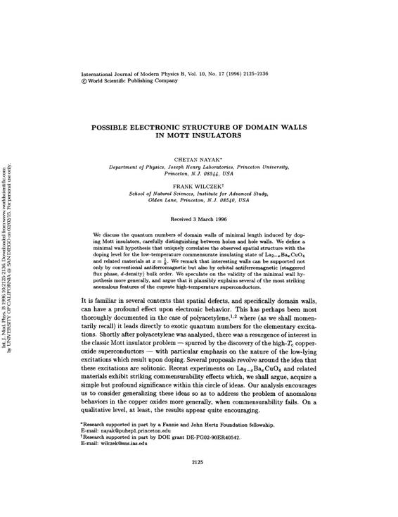 POSSIBLE ELECTRONIC STRUCTURE OF DOMAIN WALLS IN MOTT INSULATORS