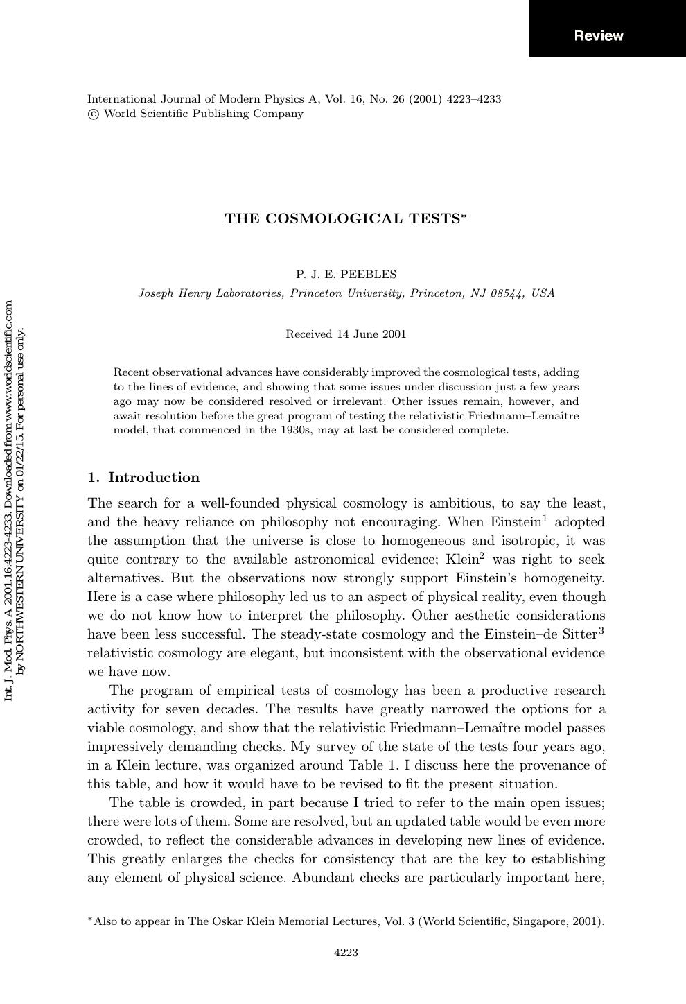 THE COSMOLOGICAL TESTS