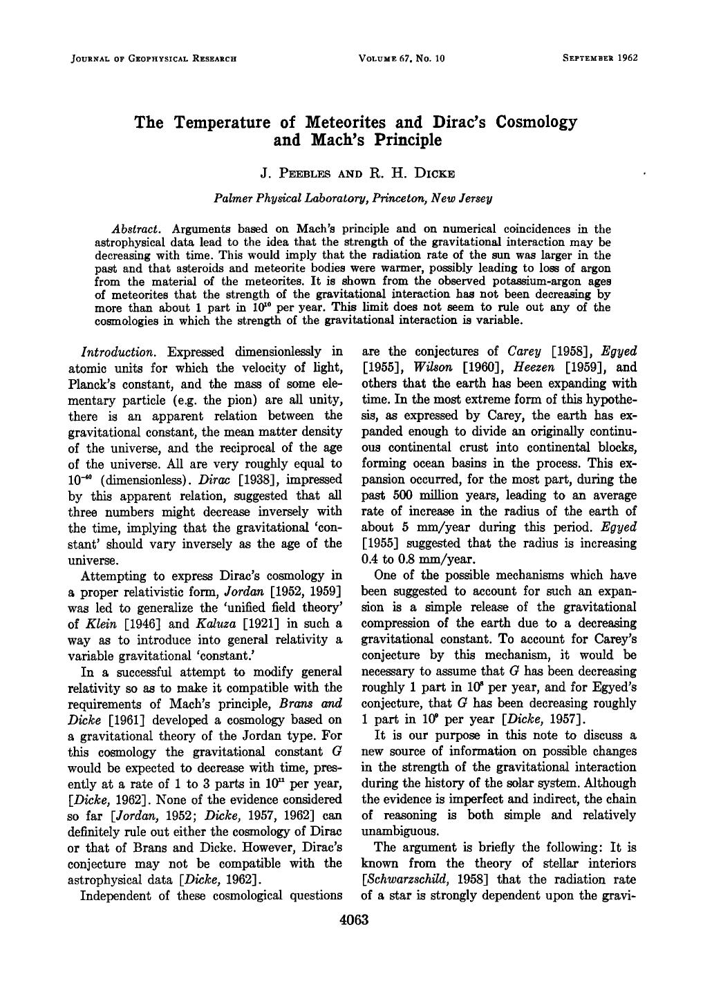 The temperature of meteorites and Dirac's cosmology and Mach's principle