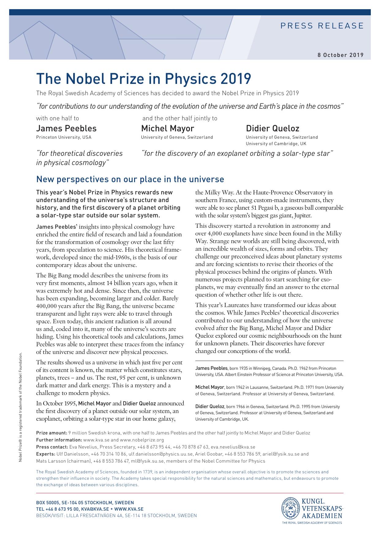 Press release: The Nobel Prize in Physics 2019