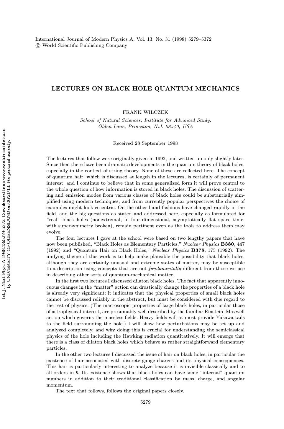 LECTURES ON BLACK HOLE QUANTUM MECHANICS