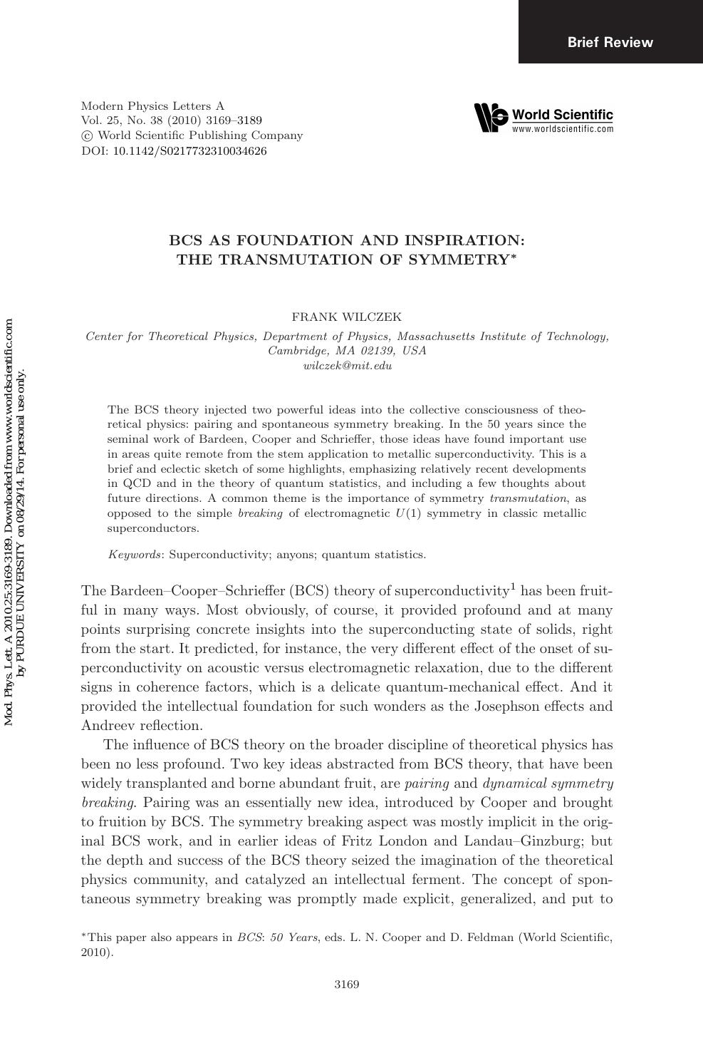 BCS AS FOUNDATION AND INSPIRATION: THE TRANSMUTATION OF SYMMETRY