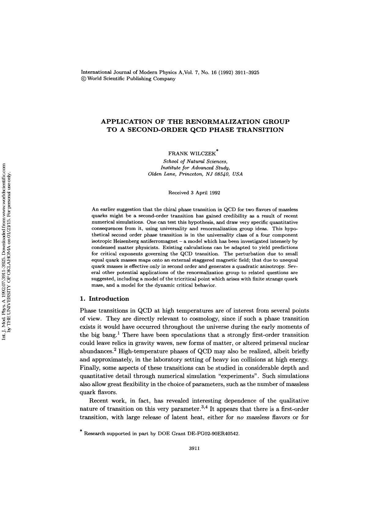 APPLICATION OF THE RENORMALIZATION GROUP TO A SECOND-ORDER QCD PHASE TRANSITION