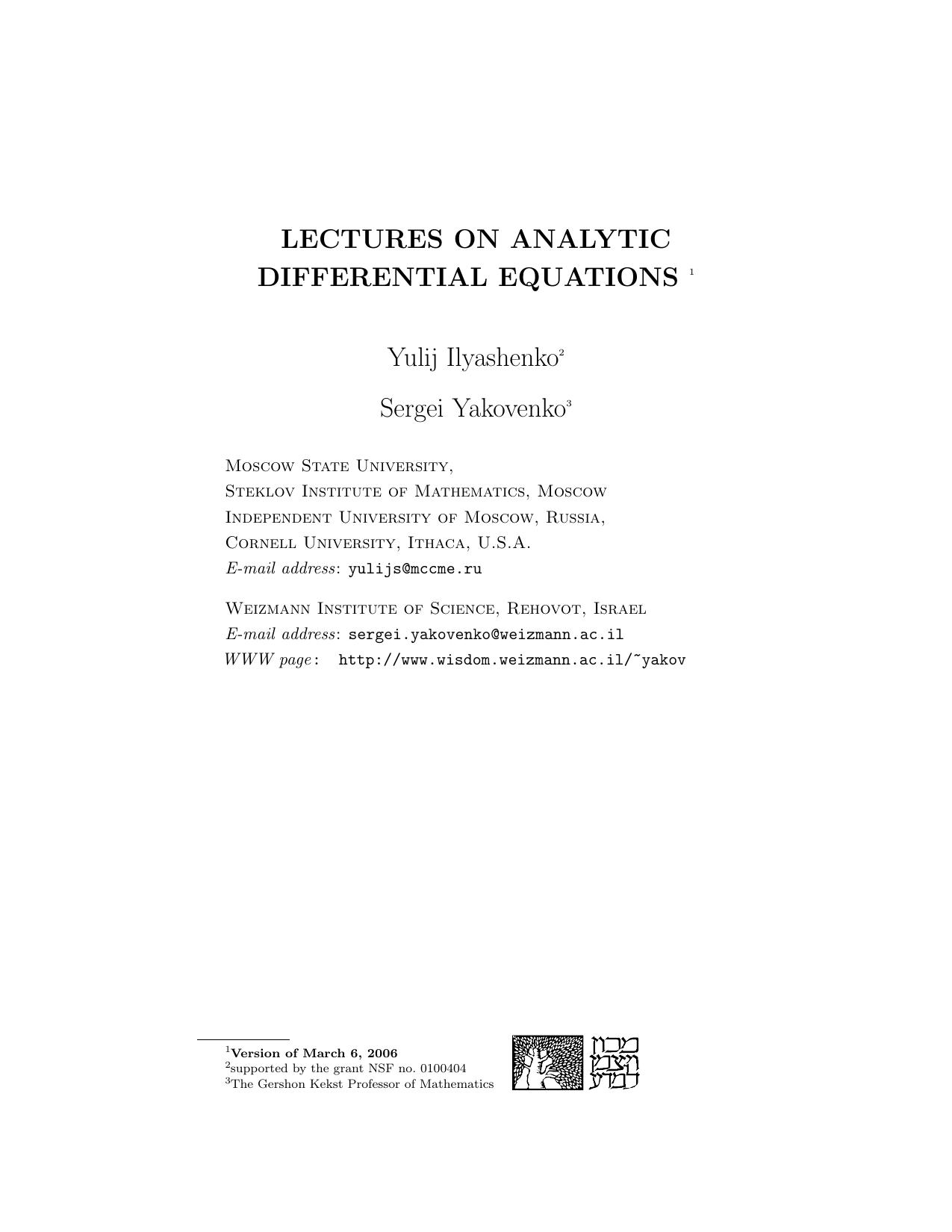 Lectures on Analytic Differential Equations