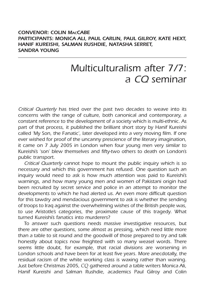 Multiculturalism after 7/7:a CQ seminar