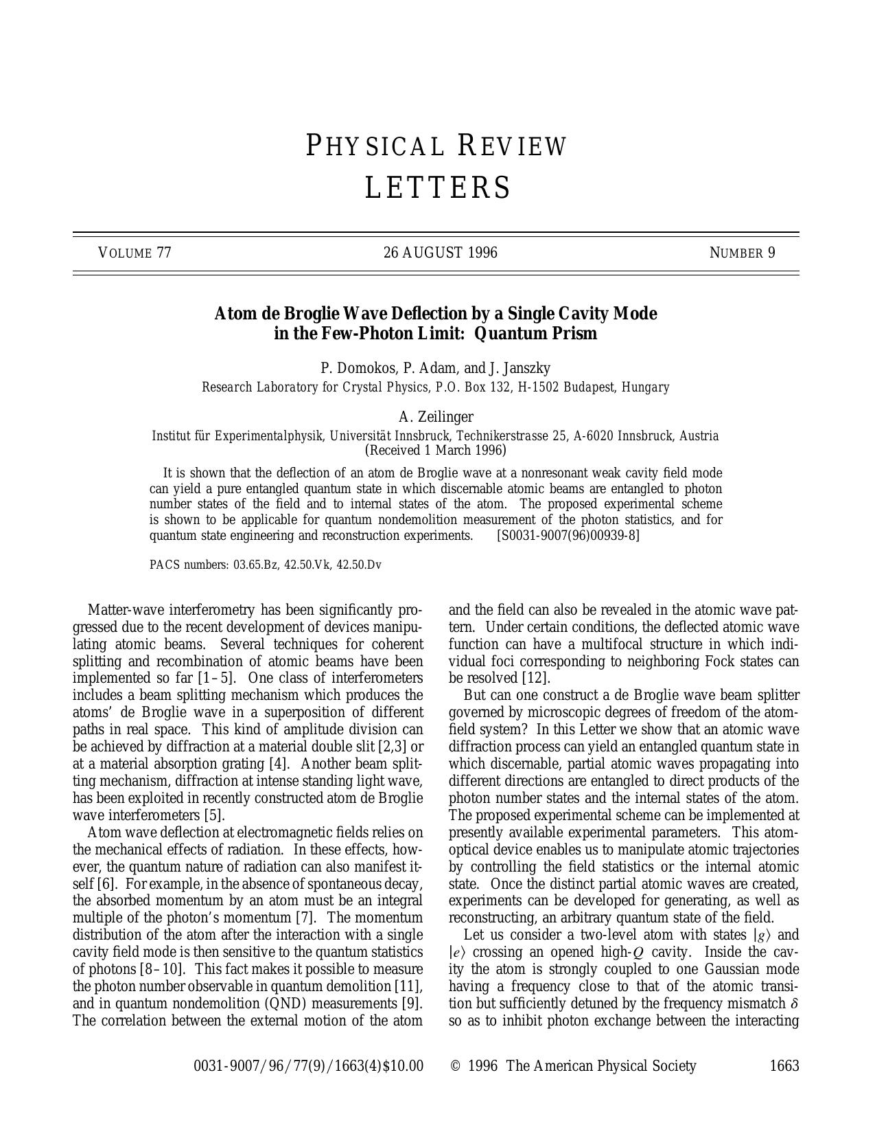 Atom de Broglie Wave De ection by a Single Cavity Mode in the Few-Photon Limit: Quantum Prism