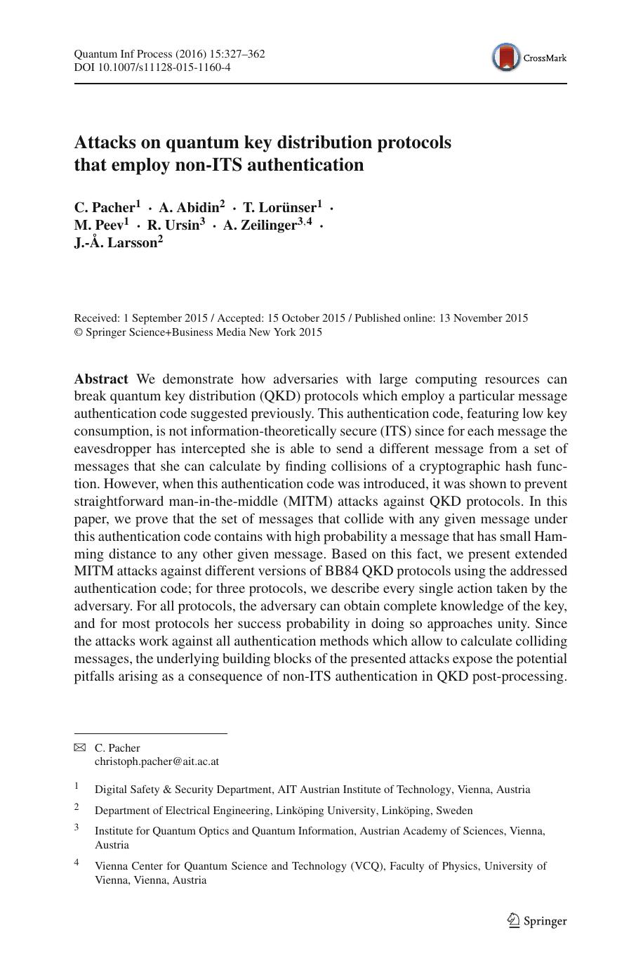 Attacks on quantum key distribution protocols that employ non-ITS authentication