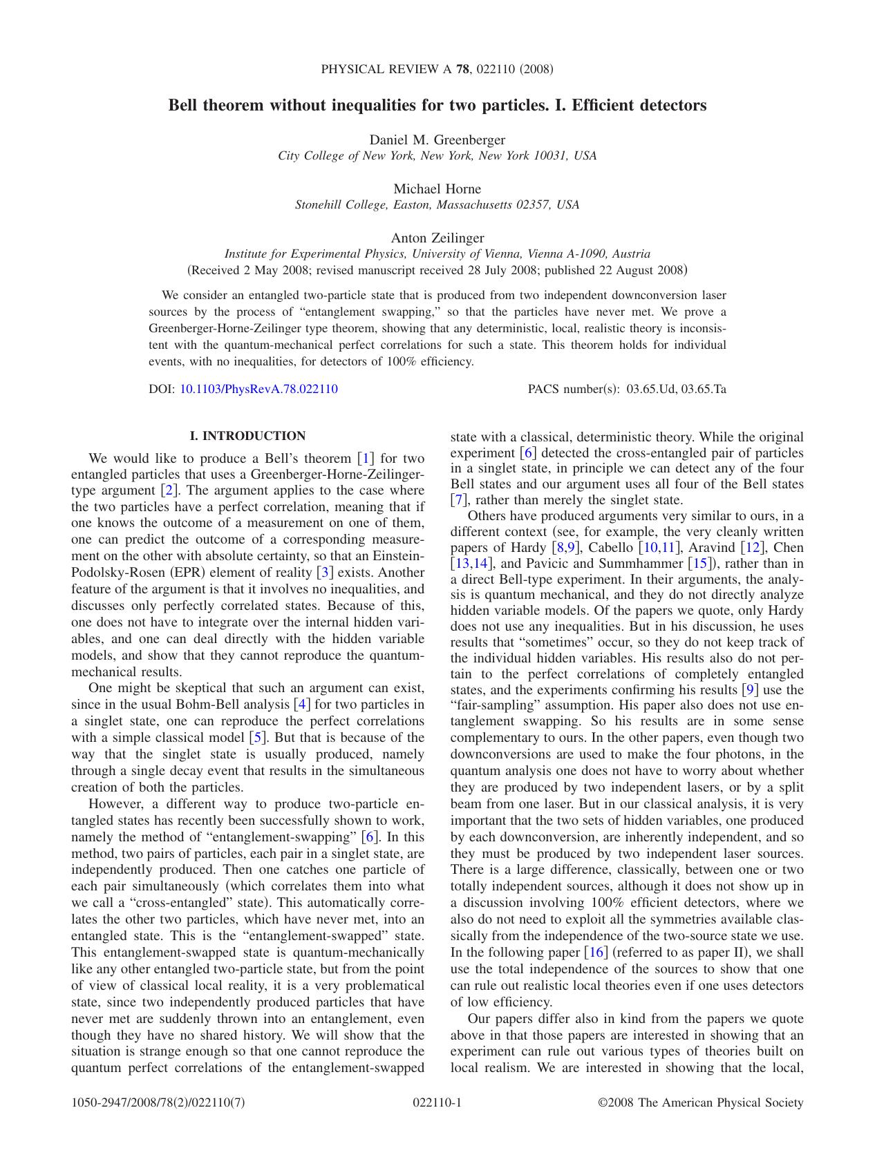 Bell Theorem Without Inequalities for Two Particles, I (2008)