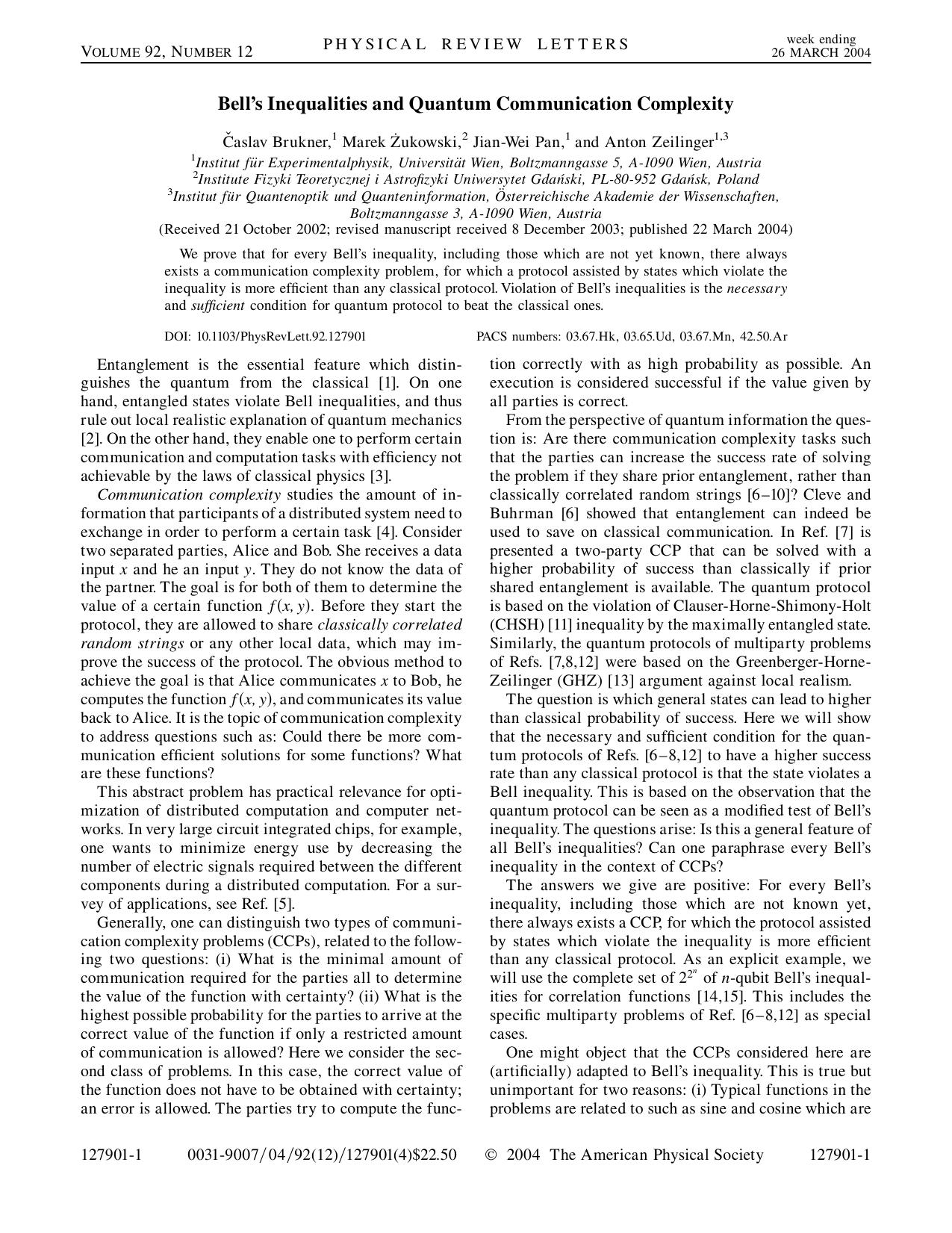 Bell’s Inequalities and Quantum Communication Complexity (2004)