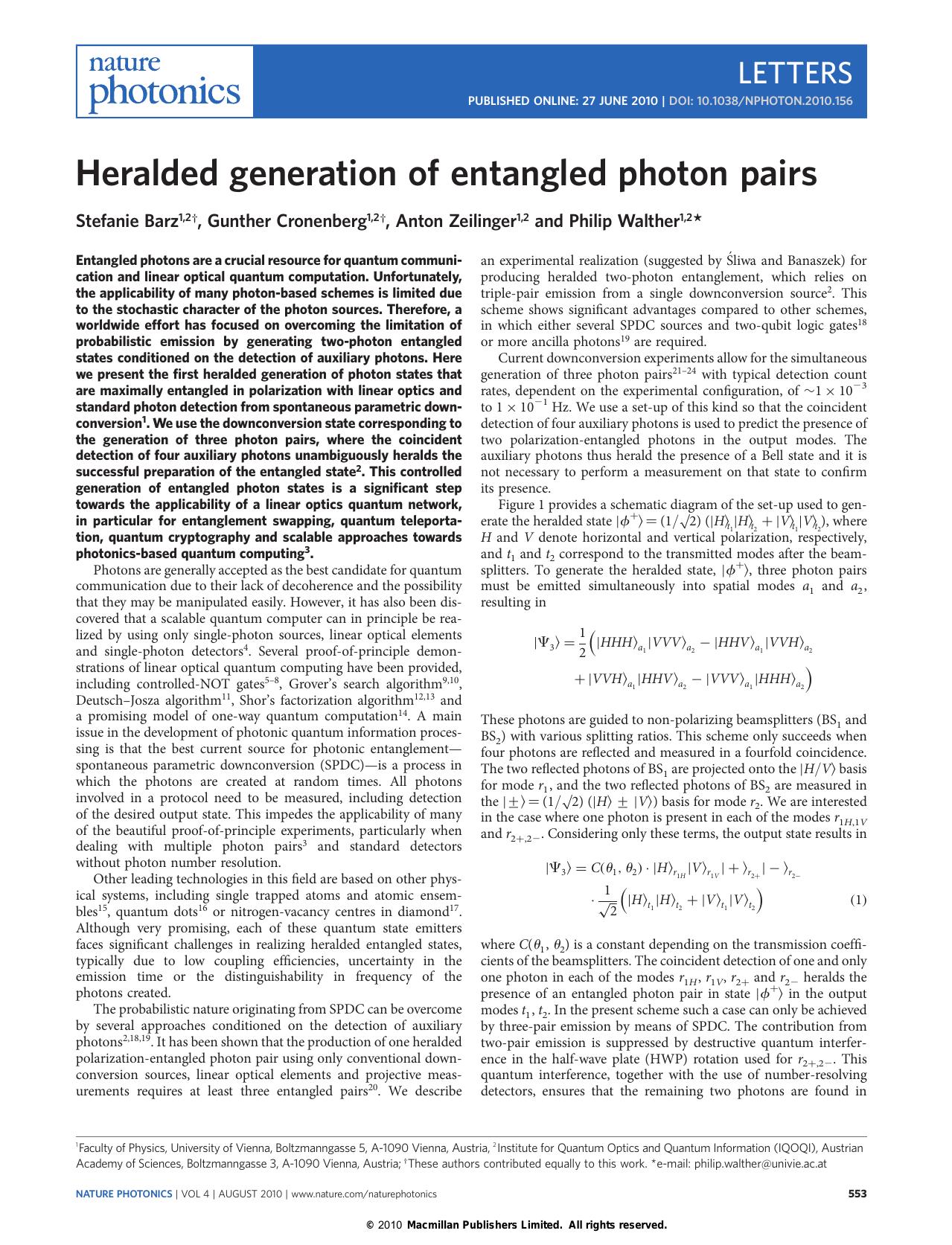 Heralded generation of entangled photon pairs