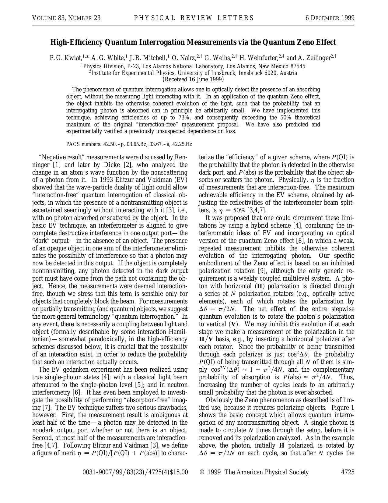 High-Efficiency Quantum Interrogation Measurements via Zeno Effect (1999)