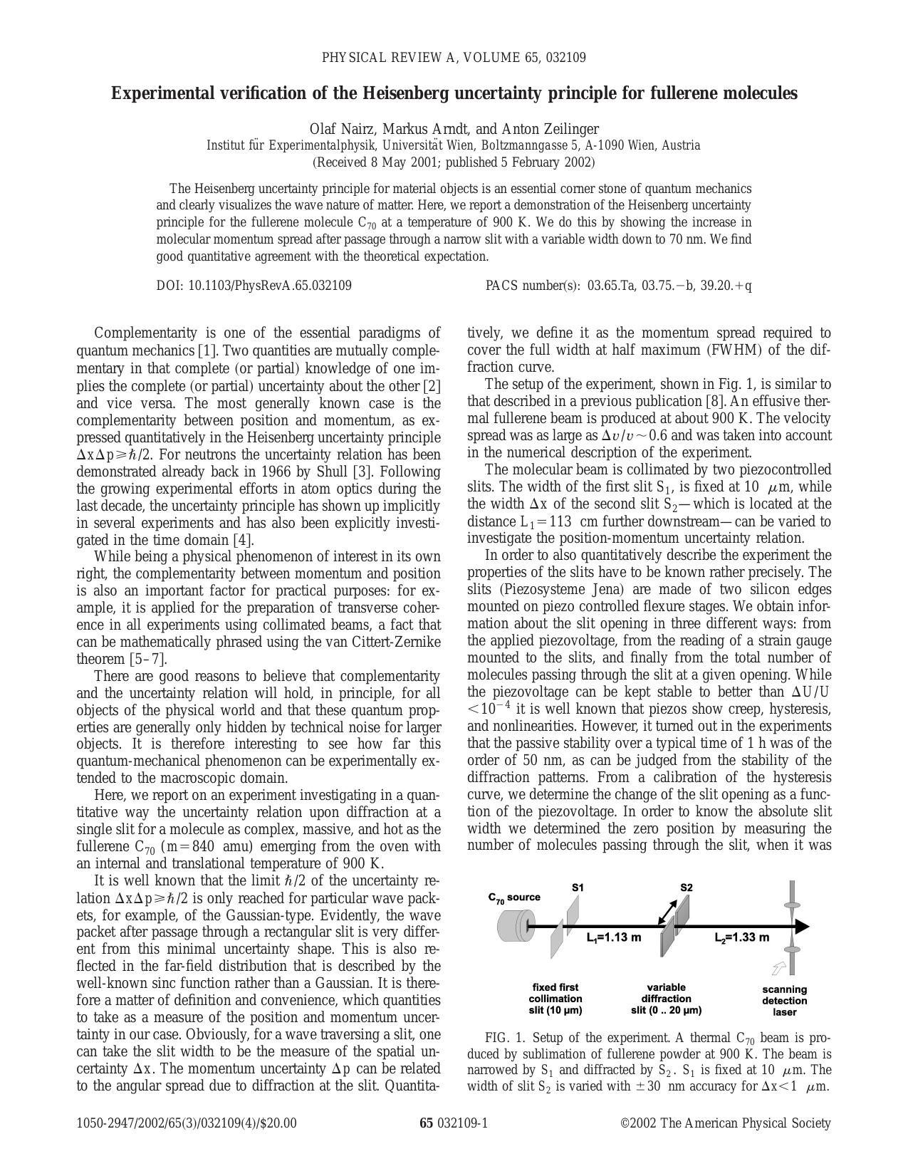 Experimental verification of the Heisenberg uncertainty principle... (2002)