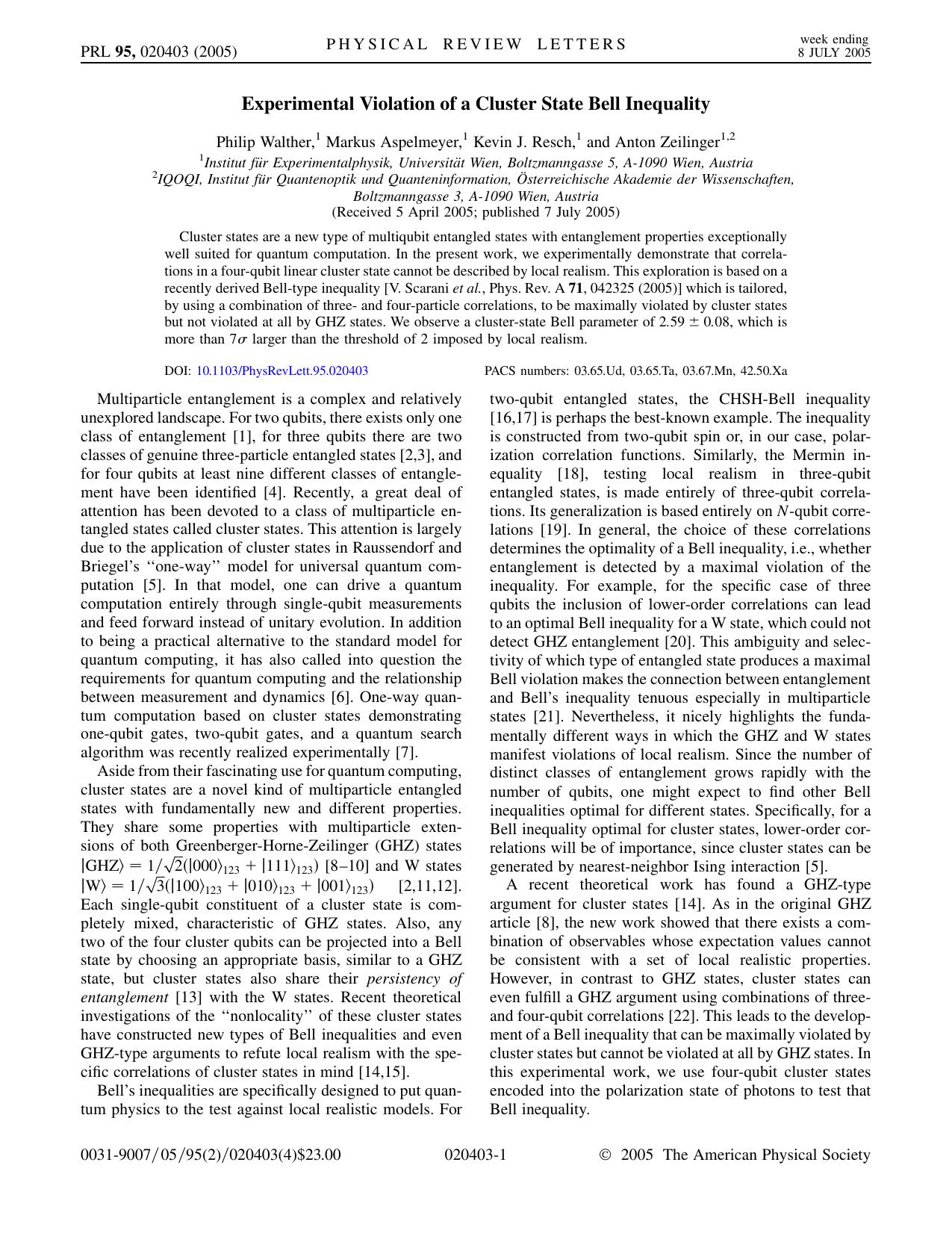 Experimental Violation of a Cluster State Bell Inequality (2005)