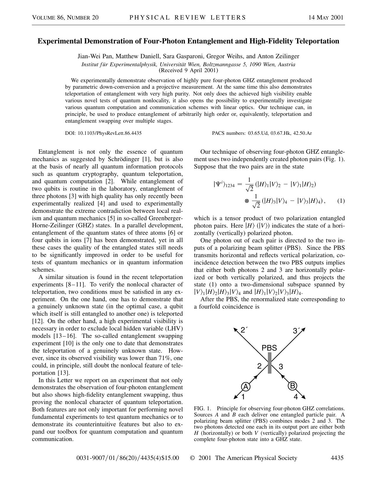 Experimental Demonstration of Four-Photon Entanglement... (2001)