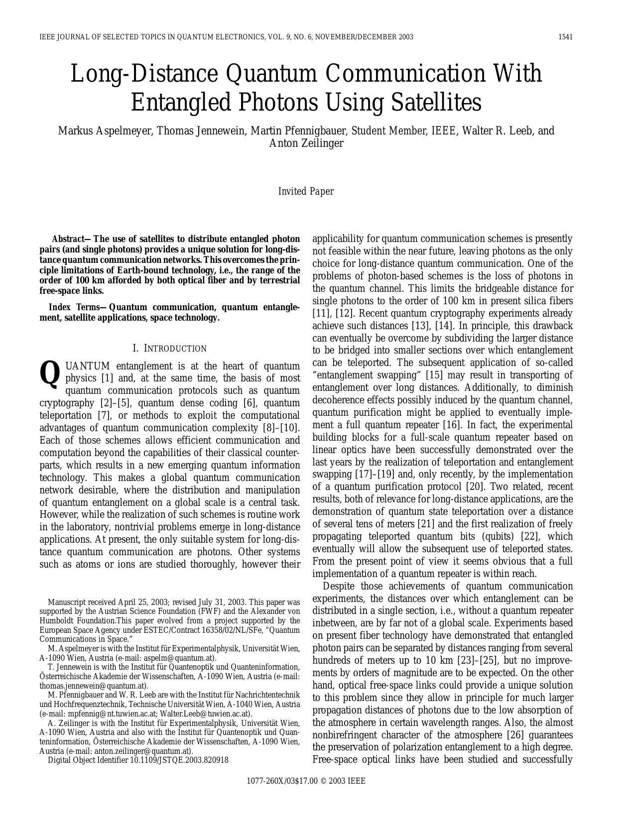 Long-distance quantum communication with entangled photons using satellites - Selected Topics in Quantum Electronics, IEEE Journal on