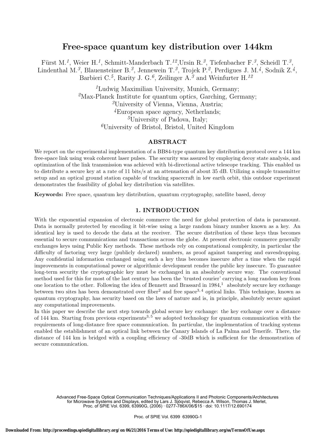 Free-space quantum key distribution over 144 km (2006)