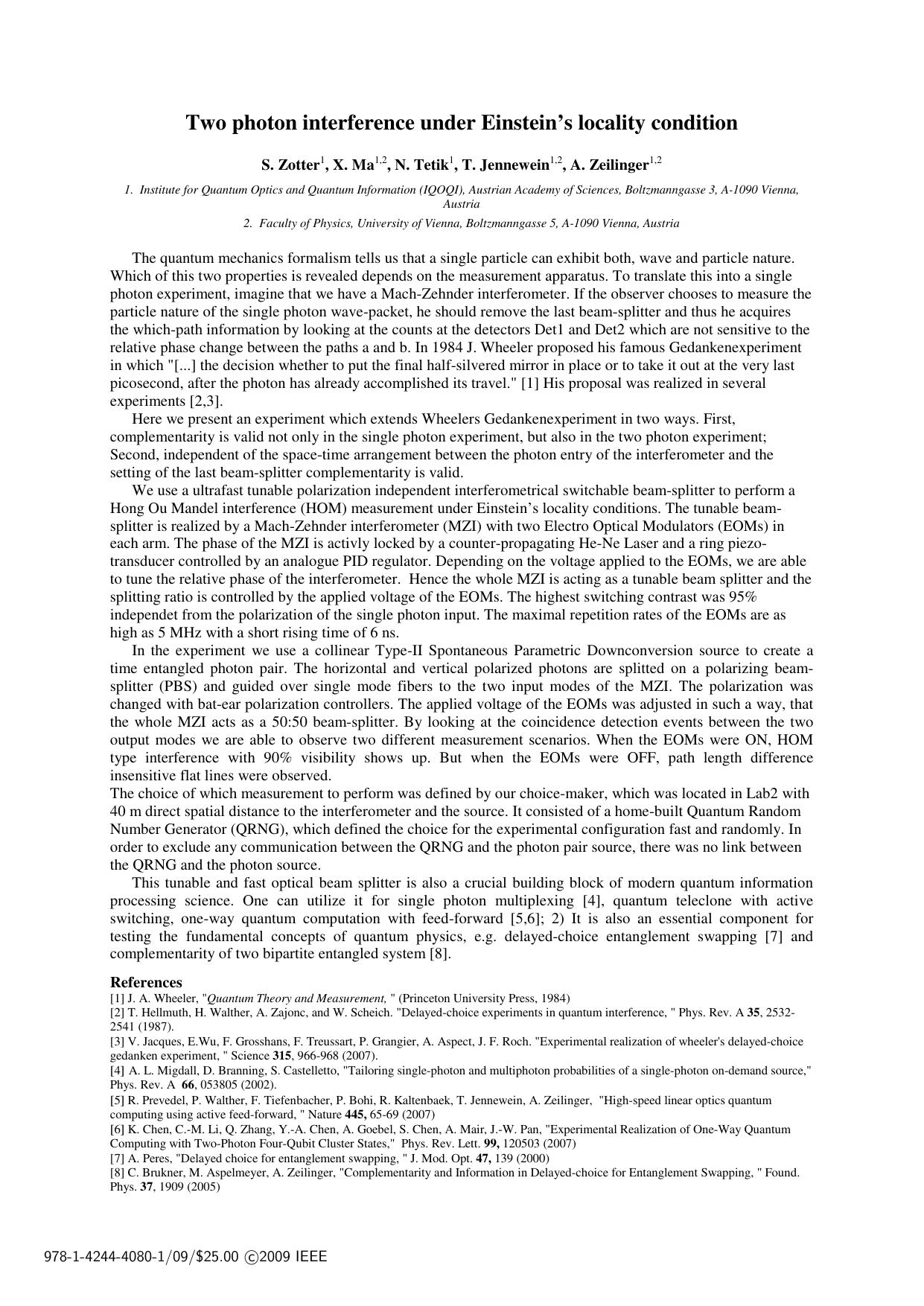 Two photon interference under Einstein's locality condition (2009)