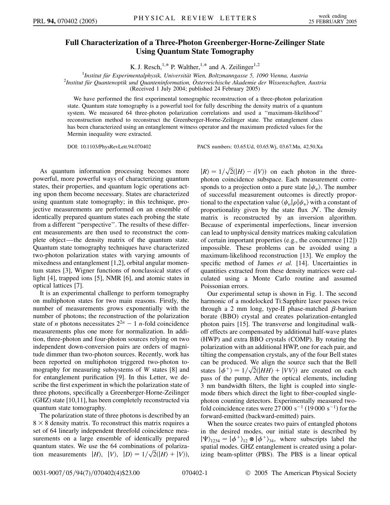 Full Characterization of a Three-Photon Greenberger-Horne-Zeilinger State (2005)