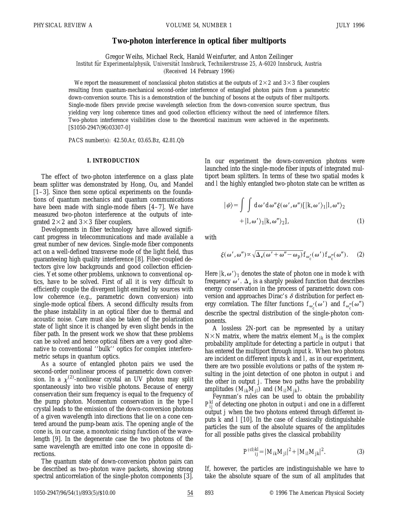 Two-photon interference in optical fiber multiports (1996)