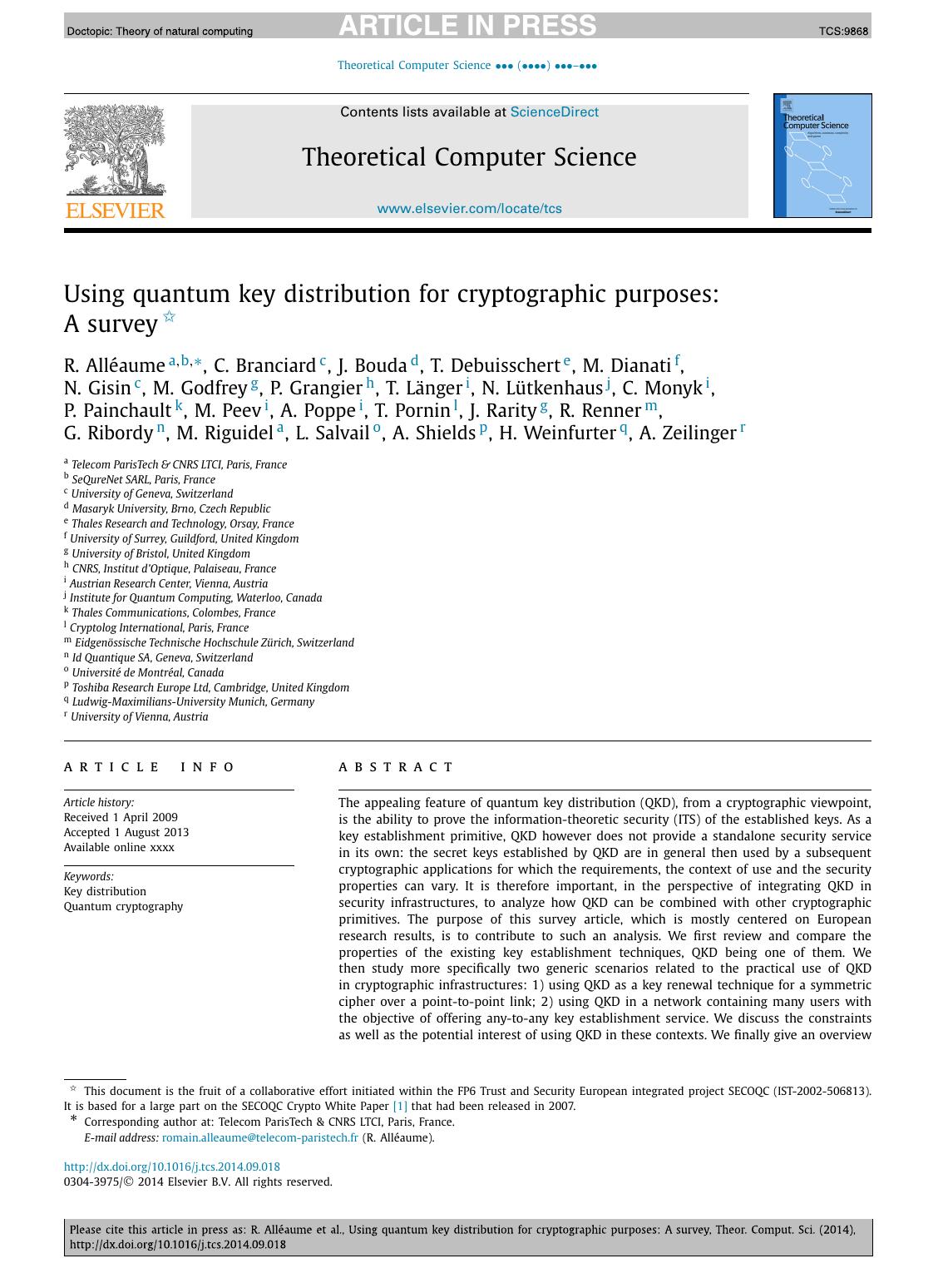 Using quantum key distribution for cryptographic purposes: A survey