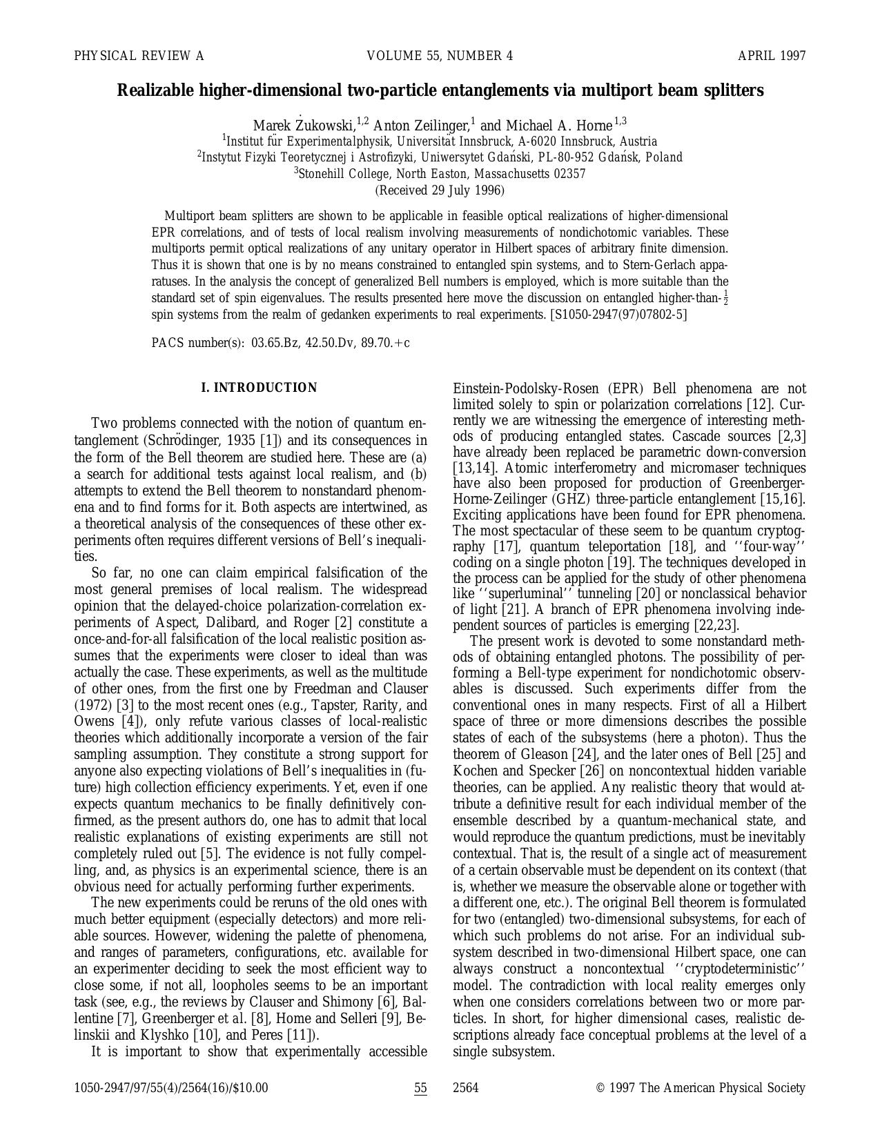 Realizable higher-dimensional two-particle entanglements... (1997)