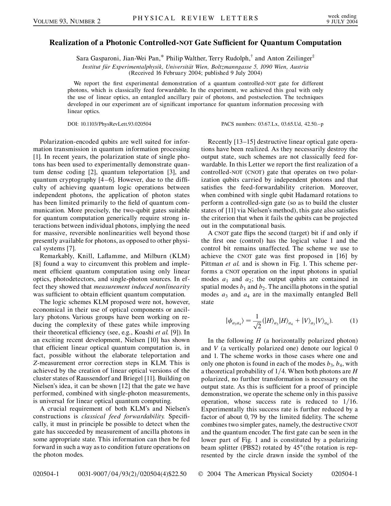 Realization of a Photonic Controlled-NOT Gate Sufficient for Quantum Computation (2004)