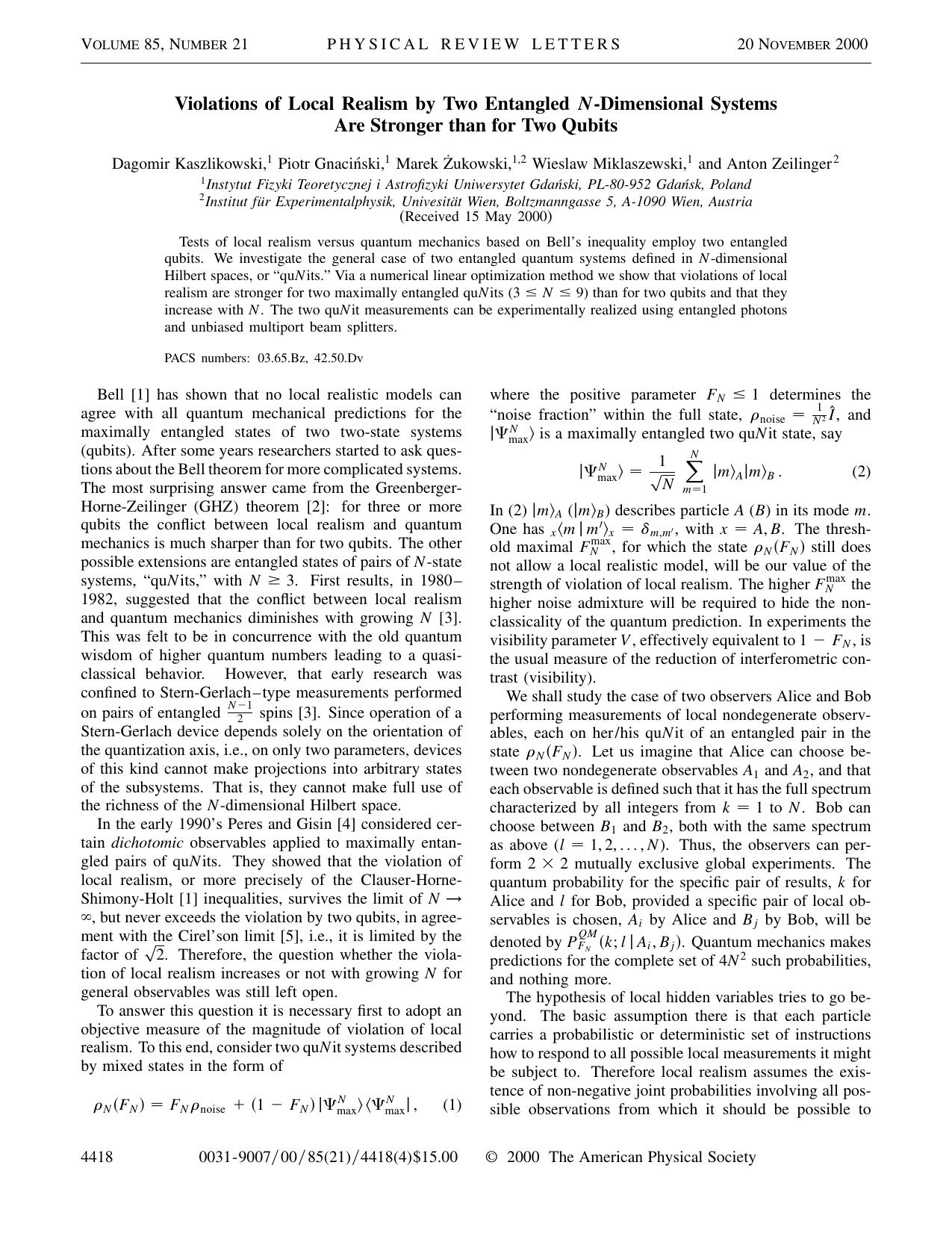 Violations of Local Realism by Two Entangled N-Dimensional Systems... (2000)