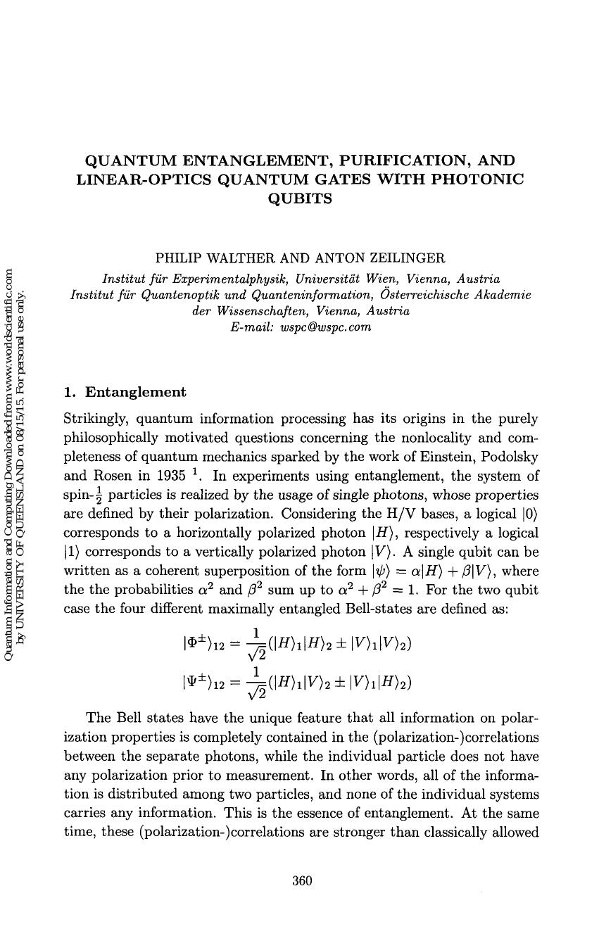 QUANTUM ENTANGLEMENT, PURIFICATION, AND LINEAR-OPTICS QUANTUM GATES WITH PHOTONIC QUBITS