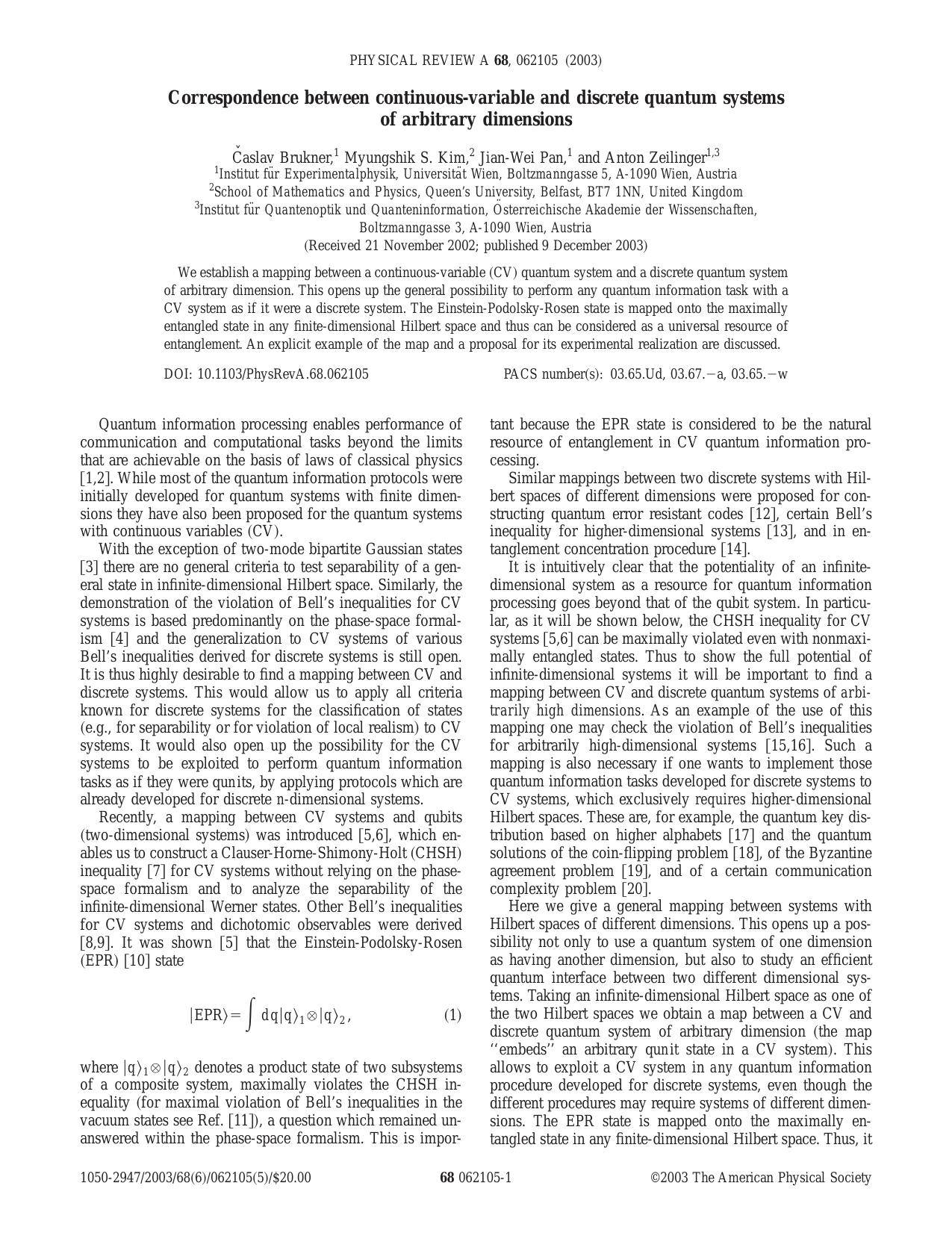 Correspondence between continuous-variable and discrete quantum systems... (2003)