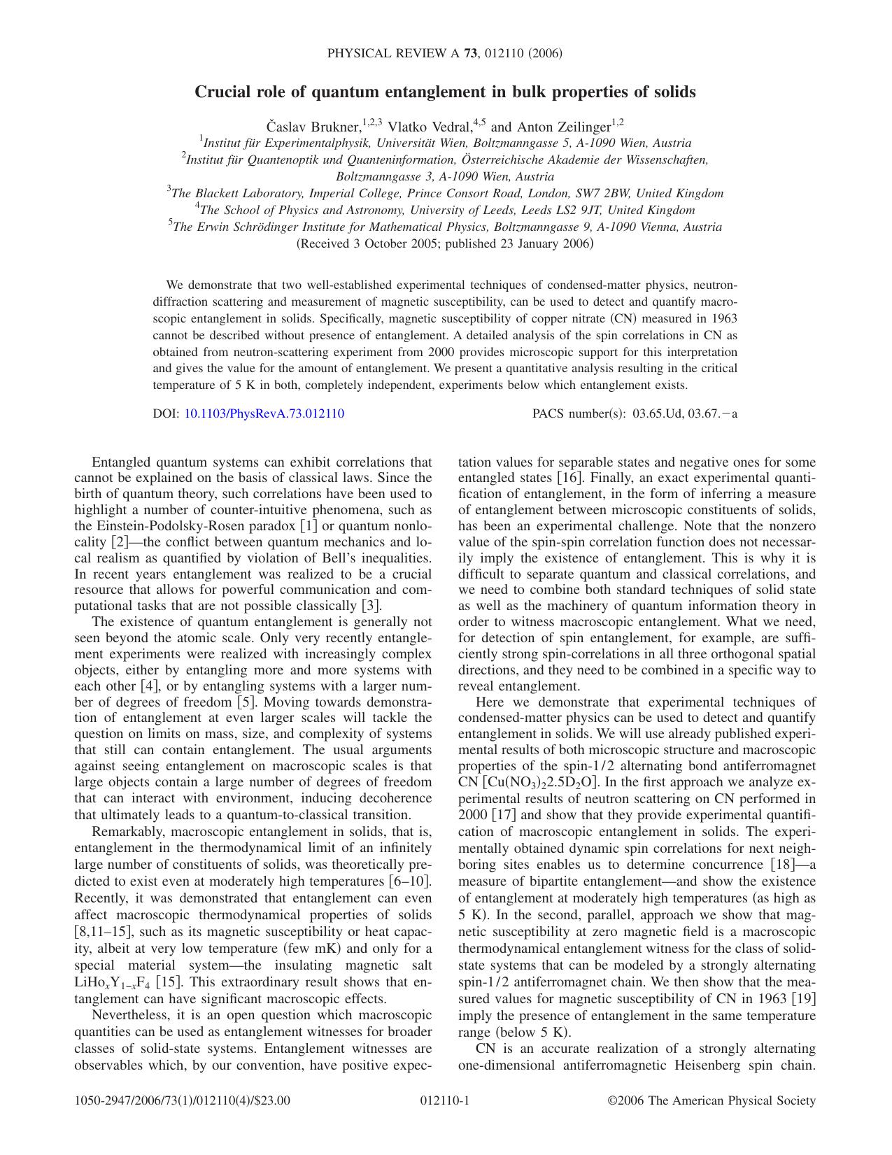 Crucial role of quantum entanglement in bulk properties of solids (2006)