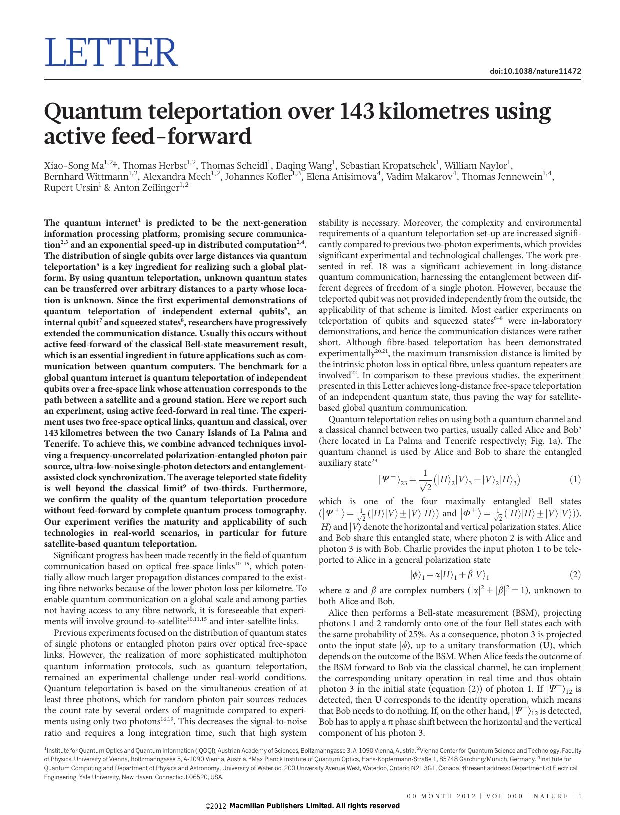 Quantum teleportation over 143 kilometres using active feed-forward