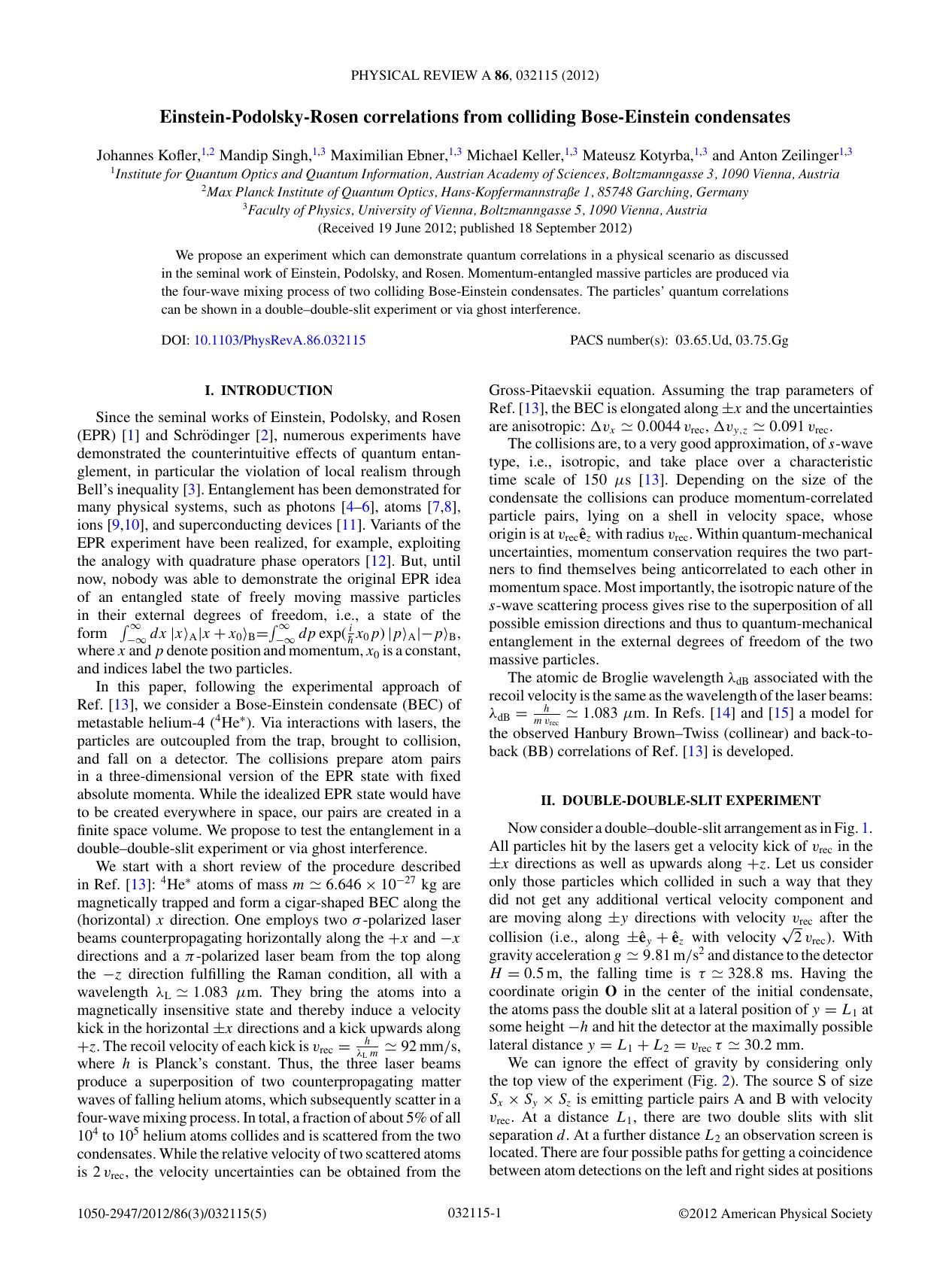 Einstein-Podolsky-Rosen correlations from colliding Bose-Einstein condensates (2012)